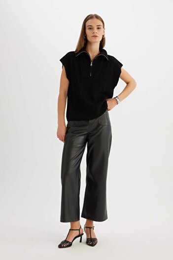 DeFacto Relax Fit Zippered Stand Collar Thessaloniki Fabric Black Knitwear Sweater C4849Ax24Au