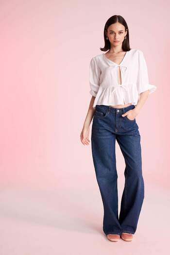 DeFacto V-Neck Modal Front Tie Long Sleeve White Blouse D4435Ax24Au