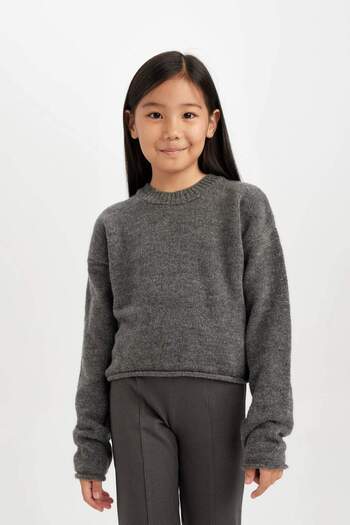 DeFacto Girls' Standard Fit Crew Neck Basic Plain Knitwear Sweater C6908A824Au