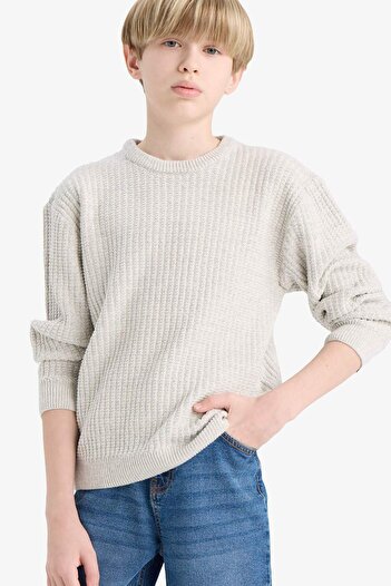DeFacto Boy's Gray Crew Neck Basic Plain Knitwear Sweater C9468A824Au