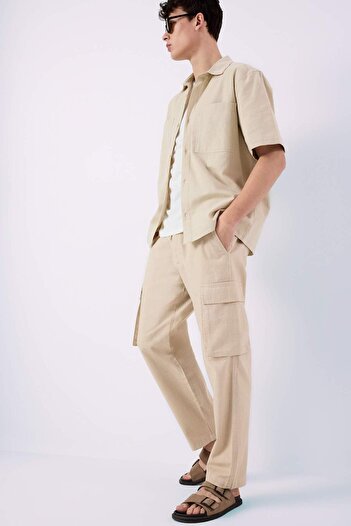 DeFacto Wide Leg Linen Look Trousers - Cargo Pocket, B9407Ax24Sm