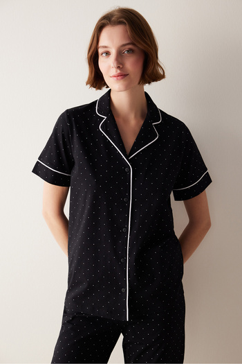 Penti White Dotted Shirt Pants Black Pajama Set