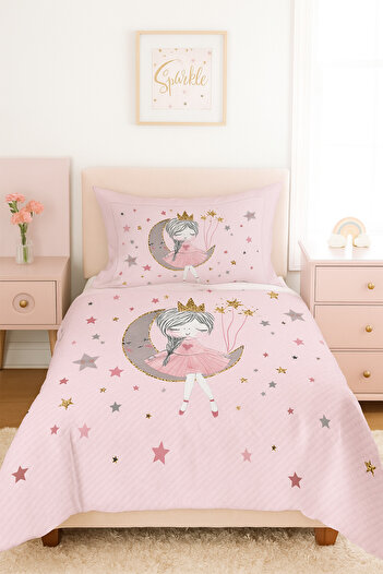 Bebişim Halı Cute Girl Sitting on the Moon Patterned Single Pique (with Pillow Case)