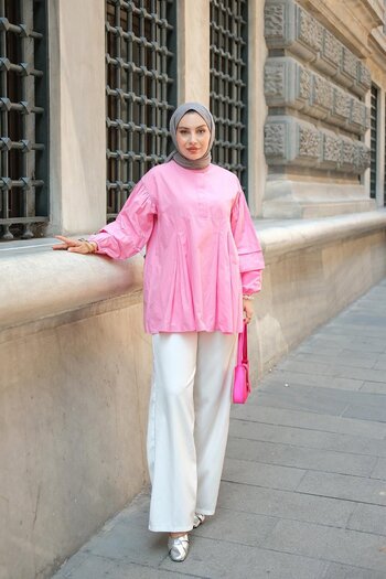 LOCCO Pink Women's Tunic - Balloon Sleeve and Pleat Detail