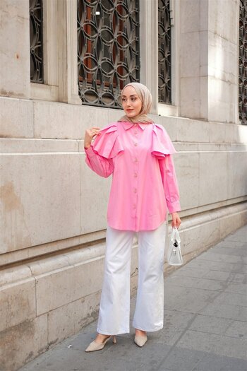 LOCCO Pink Valon Women's Shirt with Sleeves and Button Detail