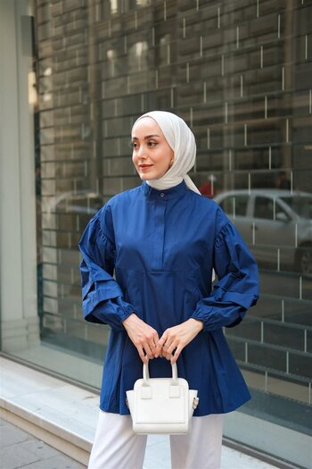 LOCCO Women's Balloon Sleeve Pleat Detailed Tunic Navy Blue