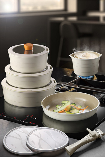 NEOFLAM Midas Beige 11 Piece Nested Pot and Pan Set with Detachable Handles D-Neomds11I