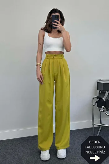 trendalisse Oil Green Wide Leg Pleated Women's Palazzo Trousers
