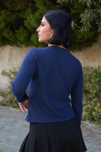InStyle Βασική ζακέτα με κουμπιά Navy Blue Waffle