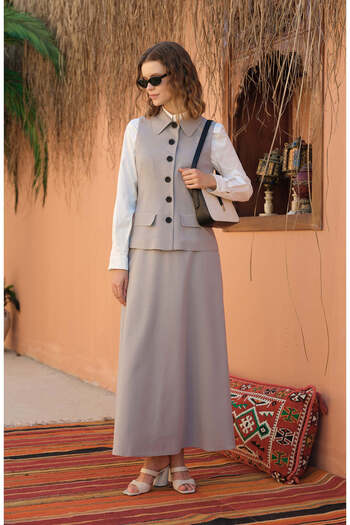 Fatma Atasoy Linen Gray Flared Skirt