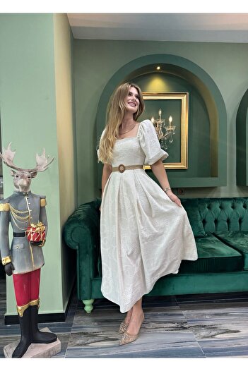 Store Balon Kol Kemerli Brode Nakış İşlemeli Elbise - Ekru