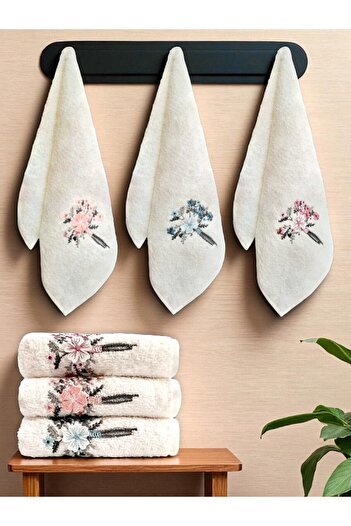 asev tekstil 30X50 cm Guipure Flower Embroidered 3-Piece Kitchen Towel |   Hand Towel |   Face Towel Set
