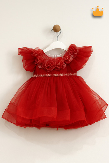 MİNİMONY 2-6 Years Old Rose Collar Granular Fluffy Tulle Baby Girl Children's Evening Dress Holiday Wedding Dress Red 3502