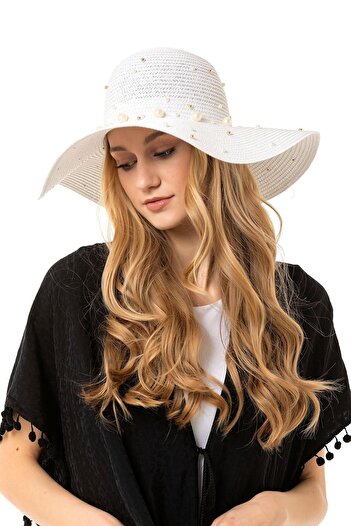 Saria Moda White Pearl Detailed Wide Straw Summer Hat