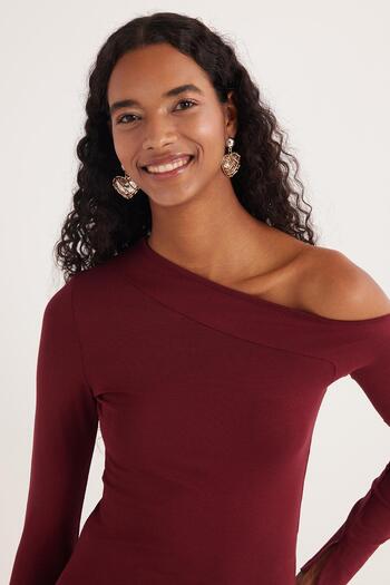 Tudors Women's Standard Fit Asymmetrical Collar Viscose Burgundy Blouse
