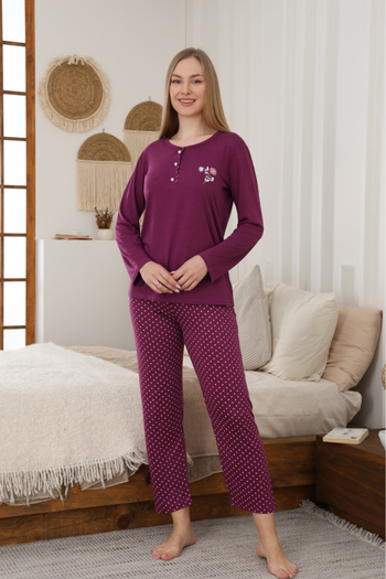 Farya Home Set de pijamale cu mânecă lungă din bambus cu nasturi cu buline