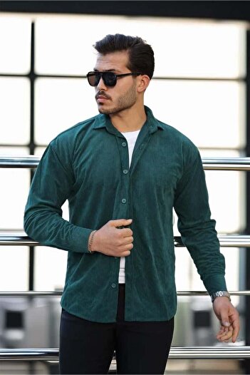 Valiberta Men's Velvet Ribbed Shirt - Emerald Green