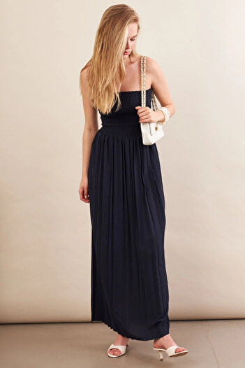 Cool & Sexy Rochie midi cu decolteu fără bretele albastru bleumarin pentru femei MSI100