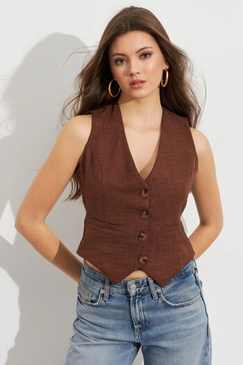 Cool & Sexy Women's Brown Linen Lined Vest Tw60046