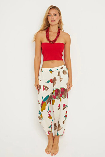Cool & Sexy Ecru-Fuchsia Patterned Linen Women's Baggy Trousers - K1253