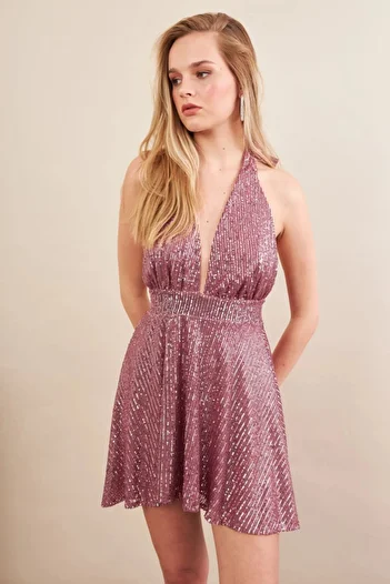 Cool & Sexy Women's Dusty Rose Backless Sequined Lined Mini Dress Dcf046