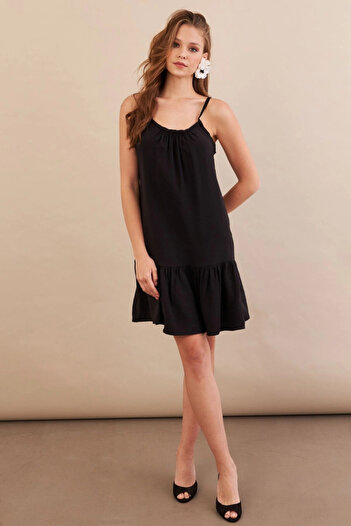 Cool & Sexy Women's Black Skirt Flounced Strap Midi Dress Ops4152