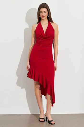 Cool & Sexy Women's Red Degaje Asymmetrical Midi Dress İre1436