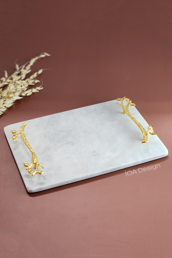 ioadesign Acacia Real Thin Marble Groom Coffee Tray 28x20 Cm - Gold Handle