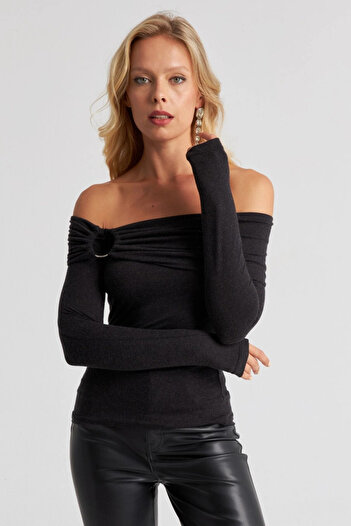 Cool & Sexy Damska czarna bluzka z kołnierzykiem Madonna EY2669