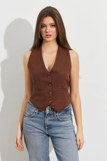 Cool & Sexy Women's Brown Linen Lined Vest Tw60046