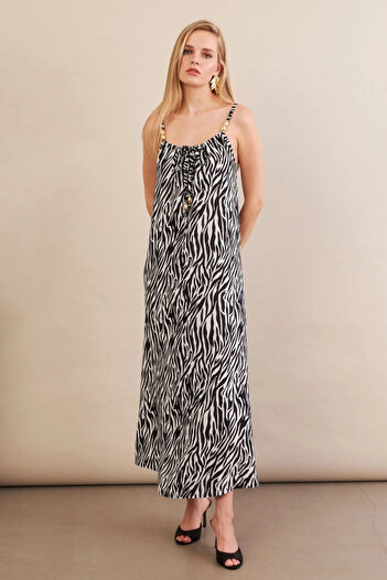 Cool & Sexy Women's Black-Ecru Neck Tie Midi Dress An6005