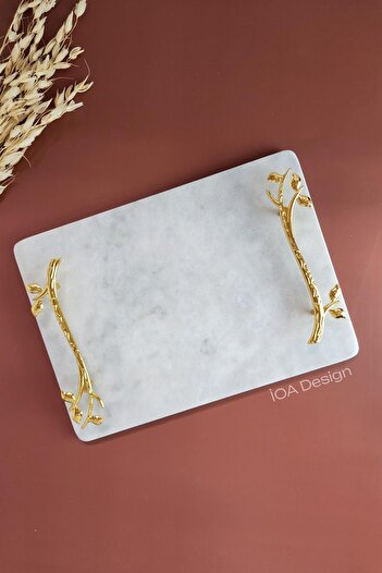 ioadesign Acacia Real Thin Marble Groom Coffee Tray 28x20 Cm - Gold Handle