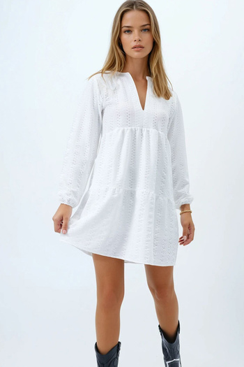 VAGGON Women's White V-Neck Lined Layered Flounce Dress Prmx12363