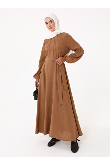 Refka Linen Look Ribbed Detailed Hijab Dress - Light Brown - Refka