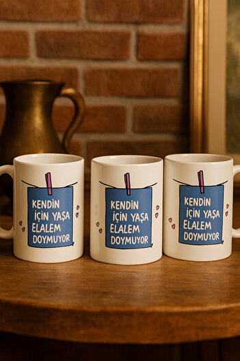 çokaş Pack of 3 Motivational Text Printed Porcelain Mug