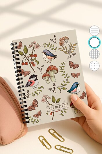 Eldesen Tasarım A5 Spiral Unlined School Notebook, 50 Sheets 100 Pages, Cardboard Cover Notepad, Mushroom
