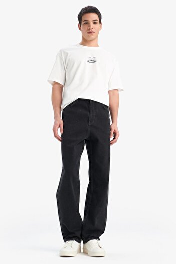 DeFacto 100% Cotton Baggy Fit Wide Fit Regular Waist Wide Leg Black Jean Trousers E9240Ax25Sp