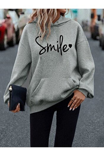 CLAYES Smile Sweatshirt - Gri Baskılı Oversize Kapüşonlu