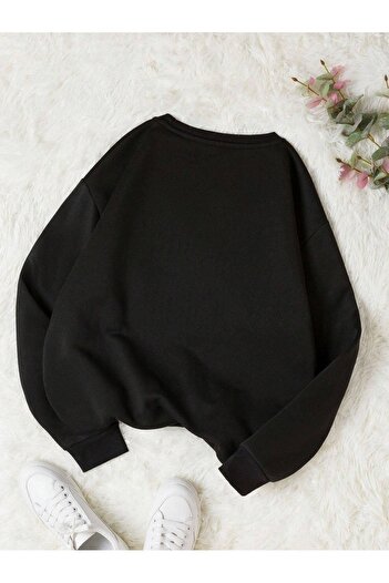 DUBU BUTİK Surprise Bear Sweatshirt - Siyah Baskılı Oversize Kalın Kışlık Bisiklet Yaka