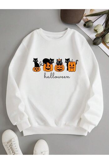 DUBU BUTİK Φούτερ Halloween Cats - Λευκό εμπριμέ Oversize Crew Neck