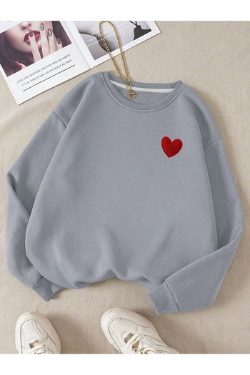 DUBU BUTİK Red Minimal Heart Sweatshirt - Dyed Gray Printed Oversize Thick Winter Crew Neck