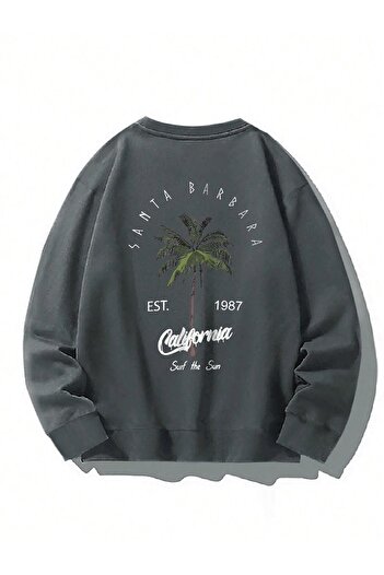 DUBU BUTİK Santa Barbara Winter Thick Sweatshirt - Smoke Printed Oversize Thick Winter Crew Neck