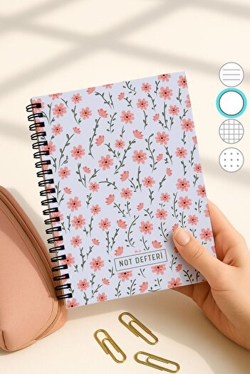 Eldesen Tasarım A5 Spiral Bound Unlined School Notebook, 50 Sheets 100 Pages, Cardboard Cover Notepad, Blue Floral