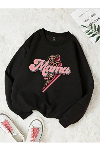 CLAYES Mama Leopard Pattern Sweatshirt - Black Printed Oversize Crew Neck