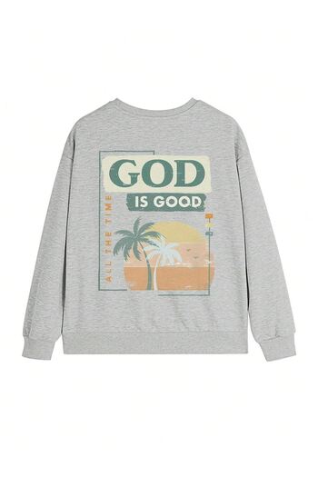 DUBU BUTİK God Is Good Winter Thick Sweatshirt - Gray Printed Oversize Thick Winter Crew Neck