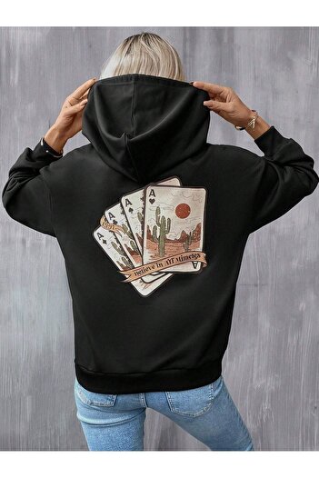 CLAYES Miracles Card Sweatshirt - Black Printed Oversize Hoodie