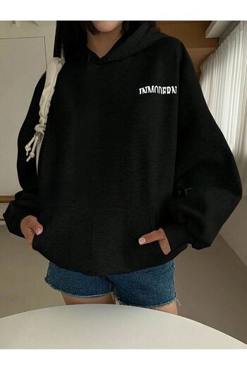 CLAYES Μαύρο φούτερ με μοντέρνα στάμπα Unisex Oversize με κουκούλα