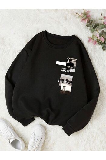 CLAYES The Past Sweatshirt - Μαύρο εμπριμέ Oversize Crew Neck