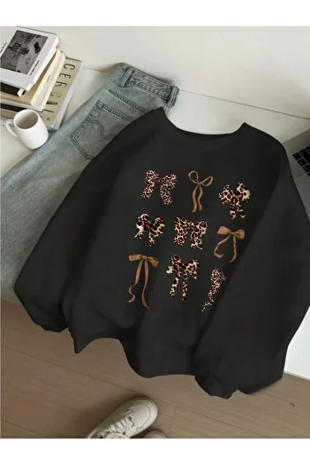 CLAYES Ribbon Leopard Printed Black Crew Neck Sweatshirt - Oversize Unisex Thick Winter