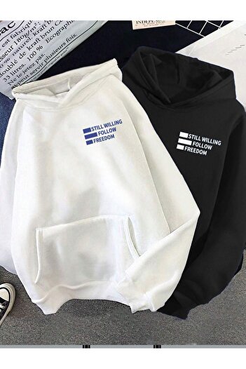 DUBU BUTİK 2'li Still Freedom Kalın Kışlık Sweatshirt - Siyah Beyaz Baskılı Oversize Kapüşonlu